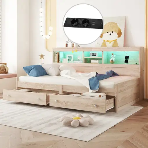 Cama CollaHausse en madera, 90x200cm, Mesita de noche, 2 USB 90x200cm
