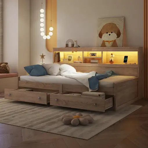 Cama CollaHausse en madera, 90x200cm, Mesita de noche, 2 USB 90x200cm