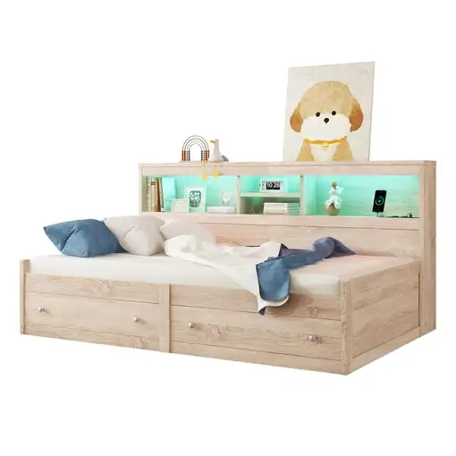 Cama CollaHausse en madera, 90x200cm, Mesita de noche, 2 USB 90x200cm
