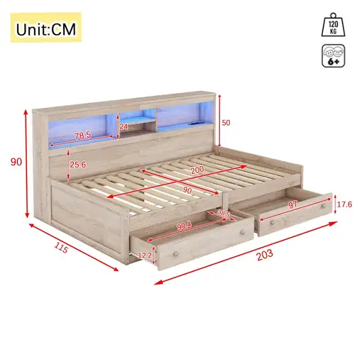 Cama CollaHausse en madera, 90x200cm, Mesita de noche, 2 USB 90x200cm