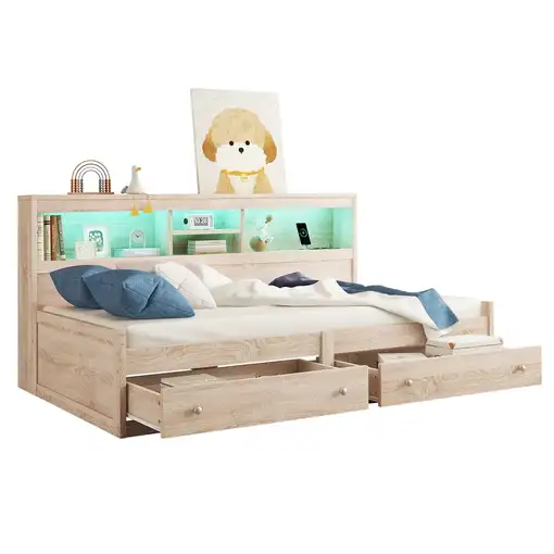 Cama CollaHausse en madera, 90x200cm, Mesita de noche, 2 USB 90x200cm