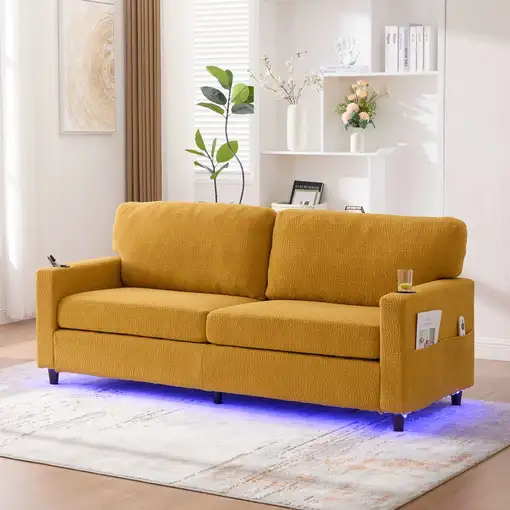 Sofá CollaHausse en chenilla, USB-C, LED ambiental, Portavasos