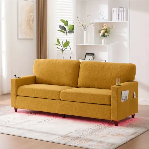 Sofá CollaHausse en chenilla, USB-C, LED ambiental, Portavasos