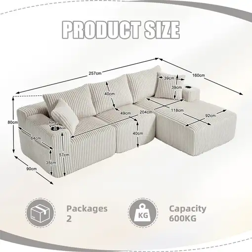 Sofá modular CollaHausse en chenilla, Chaise longue, 2 plazas, 5 cojines