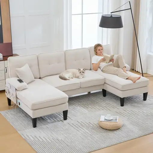 Sofá CollaHausse en lino, Forma en U, Respaldo moderno, Dos tumbonas Sofá CollaHausse en lino, Forma en U, Respaldo moderno, Dos tumbonas