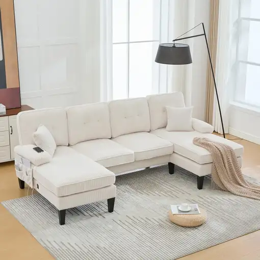 Sofá CollaHausse en lino, Forma en U, Respaldo moderno, Dos tumbonas