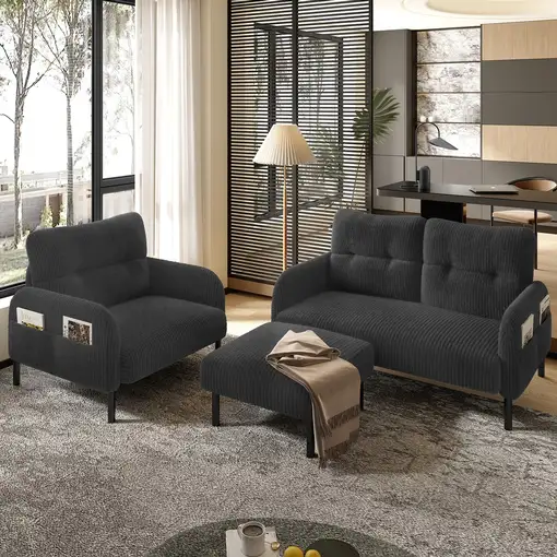 Conjunto de salón CollaHausse en tela, Conjunto de 3 piezas, 1 sillón, 1 puf Conjunto de salón CollaHausse en tela, Conjunto de 3 piezas, 1 sillón, 1 puf