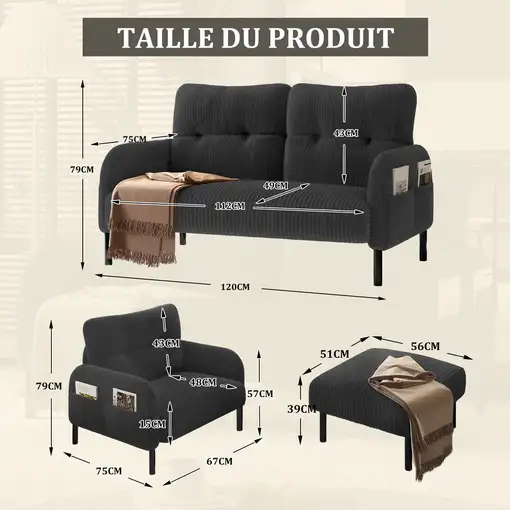 Conjunto de salón CollaHausse en tela, Conjunto de 3 piezas, 1 sillón, 1 puf