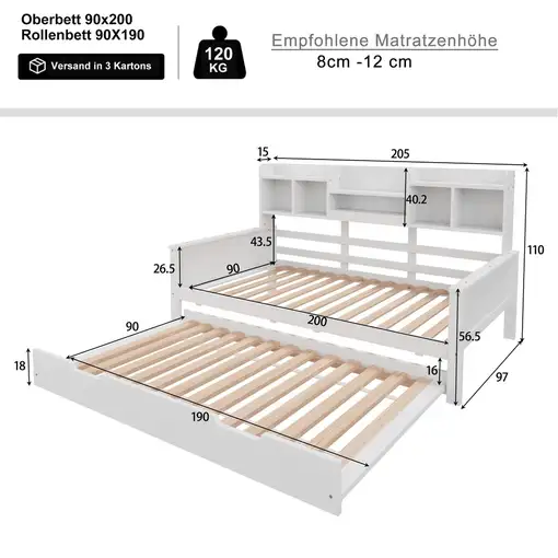 Sofá cama CollaHausse en madera de pino, Extensible 90x200cm