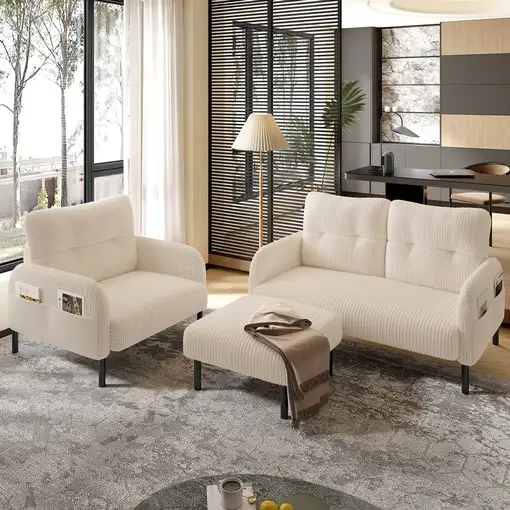 Conjunto de salón CollaHausse en tela, Conjunto de 3 piezas, 1 sillón, 1 puf Conjunto de salón CollaHausse en tela, Conjunto de 3 piezas, 1 sillón, 1 puf