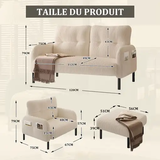 Conjunto de salón CollaHausse en tela, Conjunto de 3 piezas, 1 sillón, 1 puf