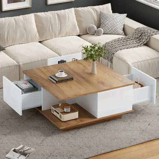 Mesa de centro CollaHausse 3 cajones, Geométrico, Brillo intenso 70x70x31.5cm
