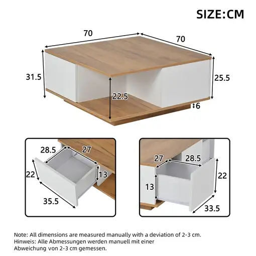 Mesa de centro CollaHausse 3 cajones, Geométrico, Brillo intenso 70x70x31.5cm