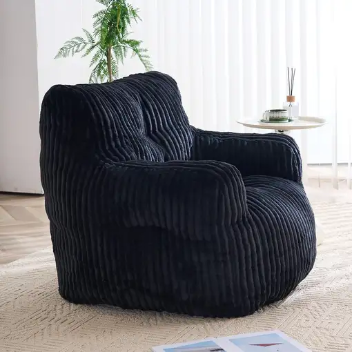 Sillón CollaHausse en terciopelo acanalado, Espuma mullida, Acolchado, Negro