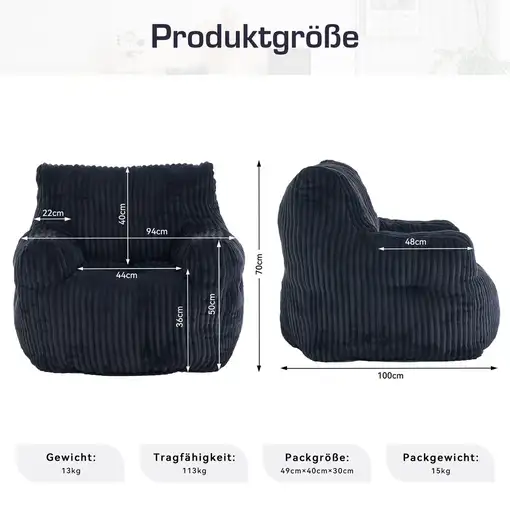 Sillón CollaHausse en terciopelo acanalado, Espuma mullida, Acolchado, Negro