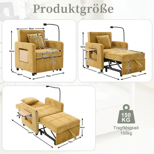 Sillón cama CollaHausse en chenilla, Dos en uno, Con cojín, Bolsillos laterales