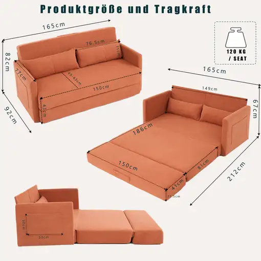 Sofá cama CollaHausse en terciopelo acanalado, 2 en 1, Plegable 165x92x82cm