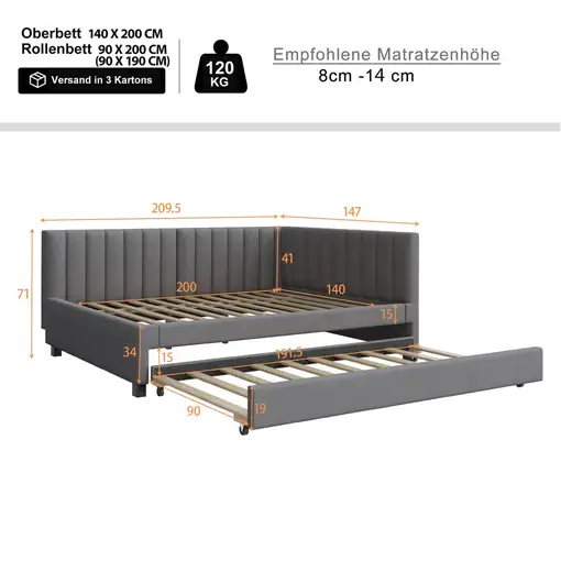 Cama CollaHausse en terciopelo, 140x200, Convertible en sofá cama 140x200cm