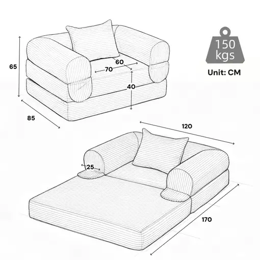 Sofá cama CollaHausse en pana, Convertible, Multifuncional, Plegable