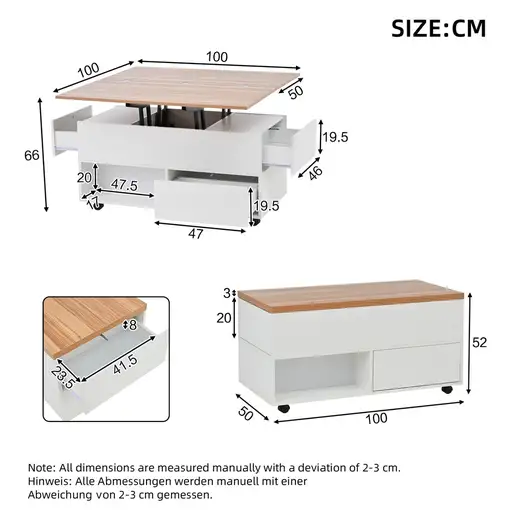 Mesa de centro CollaHausse 4 ruedas, Multifuncional, 4 cajones 100x50x52cm
