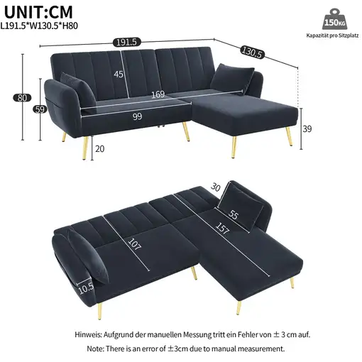 Sofá de esquina CollaHausse Plegable, Forma en L, Función cama, Rincón adicional