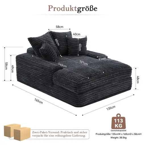 Sofá cama CollaHausse en pana, 4 cojines, ultrasuave, multifuncional, sin montaje