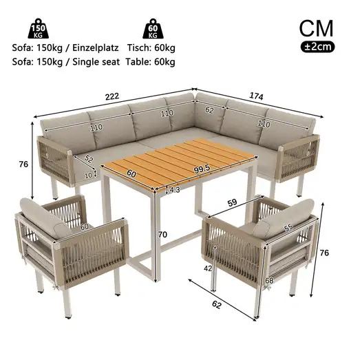 Sofá de esquina CollaHausse en acero, Set de 6 piezas, 2 sillones incluidos