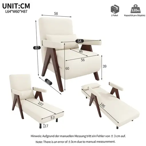 Sillón CollaHausse en tela, 3 en 1, Función cama, Convertible en cama, Plegable