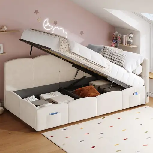 Cama CollaHausse en terciopelo, Con somier de láminas, Cargador USB 90x200cm