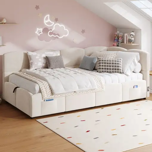 Cama CollaHausse en terciopelo, Con somier de láminas, Cargador USB 90x200cm