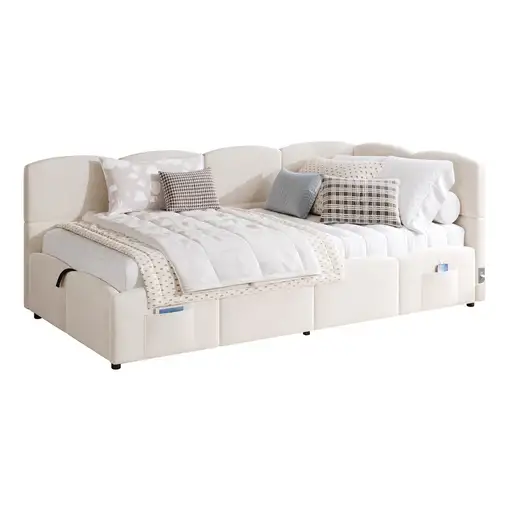 Cama CollaHausse en terciopelo, Con somier de láminas, Cargador USB 90x200cm