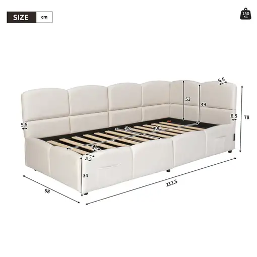Cama CollaHausse en terciopelo, Con somier de láminas, Cargador USB 90x200cm