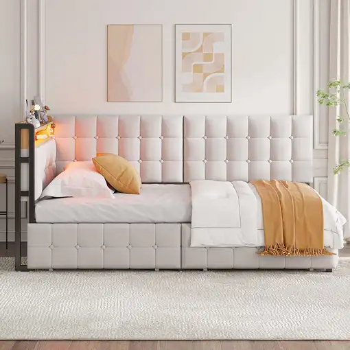 Cama CollaHausse de tejido acolchado, 2 cajones, Lámpara de noche LED 90x200cm Cama CollaHausse de tejido acolchado, 2 cajones, Lámpara de noche LED 90x200cm
