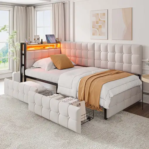 Cama CollaHausse de tejido acolchado, 2 cajones, Lámpara de noche LED 90x200cm