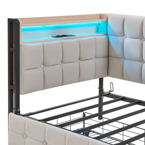 Cama CollaHausse de tejido acolchado, 2 cajones, Lámpara de noche LED 90x200cm