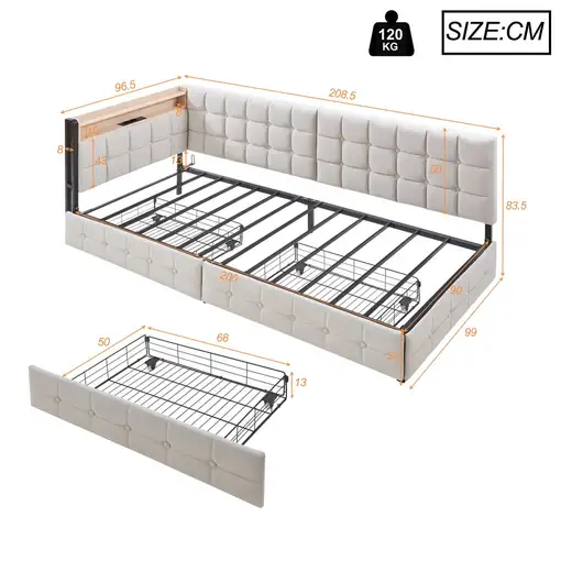 Cama CollaHausse de tejido acolchado, 2 cajones, Lámpara de noche LED 90x200cm