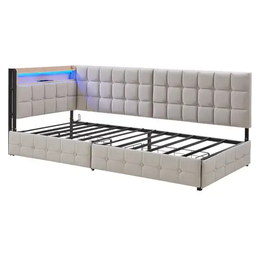 Cama CollaHausse de tejido acolchado, 2 cajones, Lámpara de noche LED 90x200cm