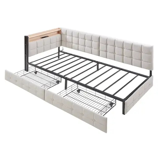 Cama CollaHausse de tejido acolchado, 2 cajones, Lámpara de noche LED 90x200cm