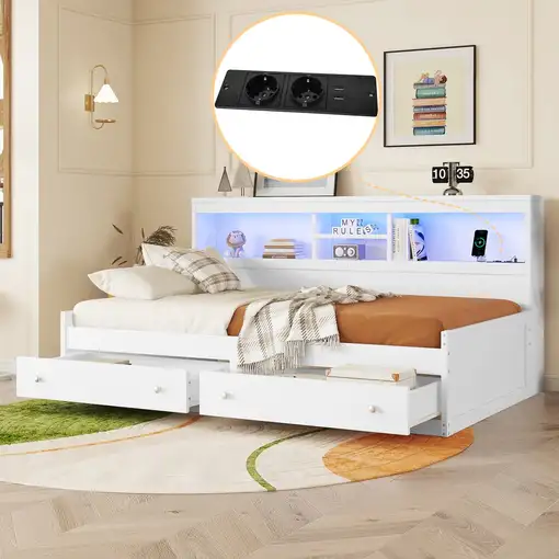 Cama CollaHausse en tablero de partículas, 2 cajones, 2 puertos USB 90x200cm Cama CollaHausse en tablero de partículas, 2 cajones, 2 puertos USB 90x200cm