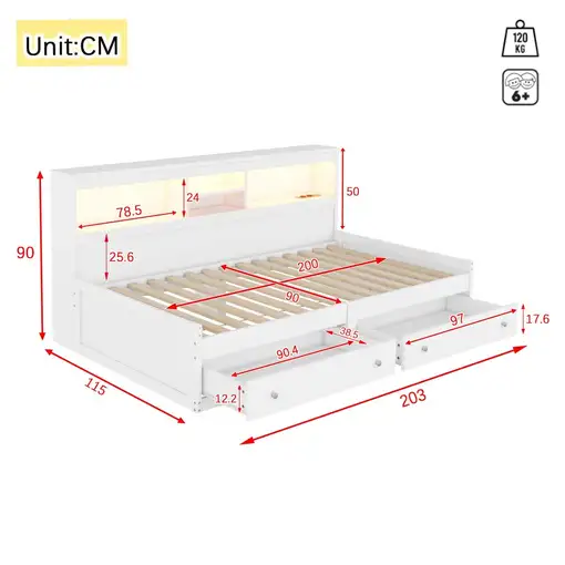 Cama CollaHausse en tablero de partículas, 2 cajones, 2 puertos USB 90x200cm
