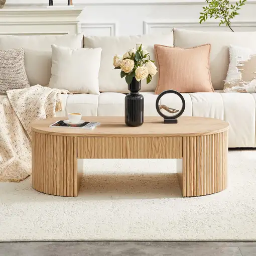 Mesa de centro CollaHausse en madera, Ovalado, Roble, Con cajón, Acanalado