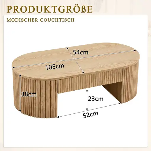 Mesa de centro CollaHausse en madera, Ovalado, Roble, Con cajón, Acanalado