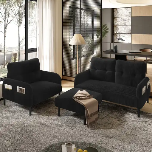 Conjunto de salón CollaHausse en tela, Conjunto de 3 piezas, 1 sillón, 1 puf