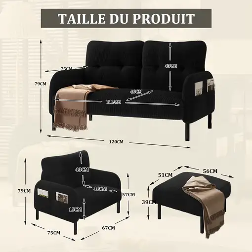 Conjunto de salón CollaHausse en tela, Conjunto de 3 piezas, 1 sillón, 1 puf