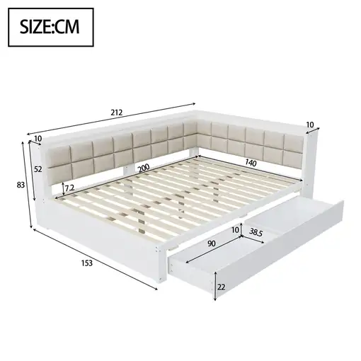 Cama CollaHausse en madera de pino, Multifuncional, Respaldo blando 140x200cm