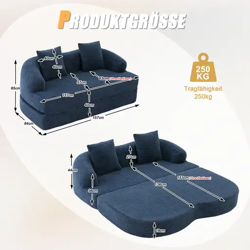 Sofá cama CollaHausse en chenilla, 2 en 1, Rápido, Con dos cojines, Desplegable