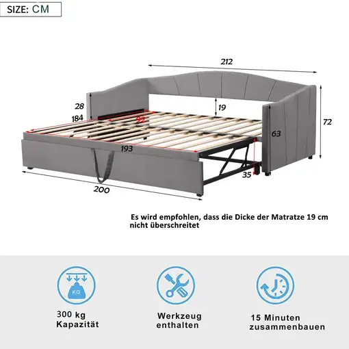 Cama CollaHausse en terciopelo, Extensible, Multifunción 90/180x200cm