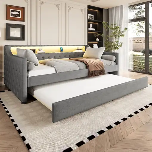 Cama CollaHausse en lino, 90 x 200 cm, Somier de láminas, Sin colchón 90x200cm Cama CollaHausse en lino, 90 x 200 cm, Somier de láminas, Sin colchón 90x200cm