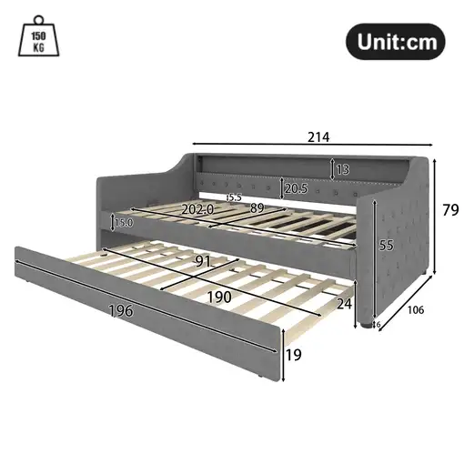 Cama CollaHausse en lino, 90 x 200 cm, Somier de láminas, Sin colchón 90x200cm