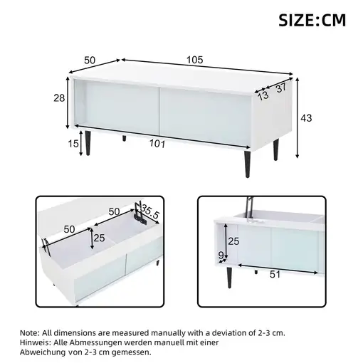 Mesa de centro CollaHausse en vidrio templado, Ajustable en altura 105x50x43cm